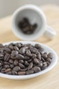 Coffee beans on white plate and in the cup on wooden background Royalty Free Stock Photo