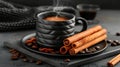 Aromatic coffee cup with steam, cinnamon, and rich roasted coffee beans for delightful aroma