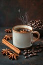 Aromatic coffee cup with steaming cinnamon and roasted coffee beans for a fragrant experience