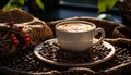 Aromatic coffee cup on wooden table, a frothy cappuccino delight generated by AI Royalty Free Stock Photo