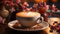 Aromatic coffee cup on wooden table, frothy cappuccino freshness generated by AI Royalty Free Stock Photo