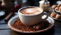 Aromatic coffee cup on wooden table, a refreshing morning delight generated by AI