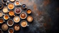 Aromatic coffee drinks assortment many cups of diverse brew types on dark background. Generative AI Royalty Free Stock Photo