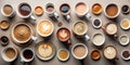 Aromatic coffee drinks assortment various brews, latte art, and coffee beans on neutral background. Generative AI Royalty Free Stock Photo