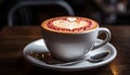 Aromatic coffee, frothy cappuccino, love in a heart shaped mug generated by AI