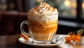 Aromatic coffee, frothy latte, fresh cappuccino, whipped cream dessert generated by AI
