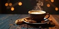Aromatic coffee with latte art, accompanied by delectable chocolate chip biscuits, on a rustic wooden surface, illuminated by warm Royalty Free Stock Photo