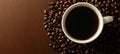 Aromatic Coffee Served in a White Mug Surrounded by Freshly Roasted Beans on a Brown Background Royalty Free Stock Photo