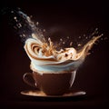 Aromatic coffee splashing in a Cappuccino cup on broun background. Generate Ai.