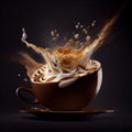 Aromatic coffee splashing in a Cappuccino cup on broun background. Generate Ai.