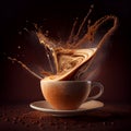 Aromatic coffee splashing in a Cappuccino cup on broun background. Generate Ai.