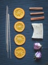 Aromatic composition of caramelized oranges, incense, soap, cinnamon and dried flowers Royalty Free Stock Photo