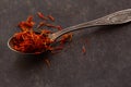 Aromatic condiment saffron in a spoon on dark background