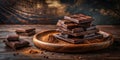 Aromatic dark chocolate blocks stacked on a wooden dish with cocoa powder. Generative AI Royalty Free Stock Photo