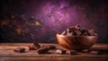 Aromatic dark chocolate pieces in rustic wooden bowl on dark wooden surface. Generative AI Royalty Free Stock Photo