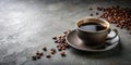 Aromatic dark roast coffee in a rustic mug with scattered beans. Generative AI Royalty Free Stock Photo
