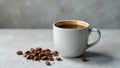 Aromatic dark roast coffee in a simple white mug beside roasted beans on a neutral surface. Generative AI Royalty Free Stock Photo