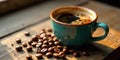 Aromatic dark roast coffee in teal mug with roasted beans on wooden surface. Generative AI Royalty Free Stock Photo