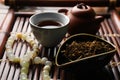 Aromatic Dianhong tea and prayer beads on wooden tray, closeup. Traditional ceremony