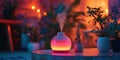 Aromatic diffuser emitting colorful mist in a cozy indoor plant setting Royalty Free Stock Photo