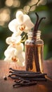 Aromatic Essence of Nature Vanilla Extract, Beans, and Delicate White Orchids in Bloom. Royalty Free Stock Photo