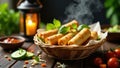 Aromatic fried spring rolls served in a rustic basket with fresh herbs and dipping sauce. Generative AI Royalty Free Stock Photo