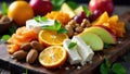 Aromatic fruit and cheese board featuring fresh oranges, apples, almonds, and creamy cheese. Generative AI Royalty Free Stock Photo