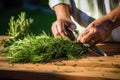 Cutting Aromatic Green Rosemary Sprigs. AI Generated