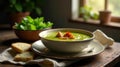 Aromatic green vegetable soup with crispy toasted bread croutons served in a rustic setting. Generative AI Royalty Free Stock Photo