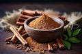 Aromatic Ground Cinnamon in the Wooden Bowl. AI Generated Royalty Free Stock Photo