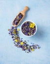 Aromatic herbal dry tea lavender and chamomile loose near white cup on blue wood table Royalty Free Stock Photo