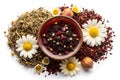 Aromatic Herbal Tea Blend â Chamomile and Hibiscus in a Flat Lay Composition. AI Royalty Free Stock Photo