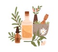 Aromatic herbs and herbal medicinal elixirs in bottles. Flowers, floral plants, leaf in mortar with pestle. Alternative