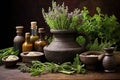 aromatic herbs with mortar and pestle, essential oil bottles