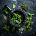 Aromatic Herbs and Spices in a Stone Mortar Royalty Free Stock Photo