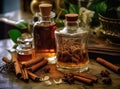 Aromatic homemade vanilla extract on wooden table, closeup. Space for text. Royalty Free Stock Photo