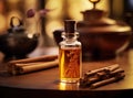 Aromatic homemade vanilla extract on wooden table, closeup. Space for text. Royalty Free Stock Photo