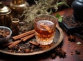 Aromatic homemade vanilla extract on wooden table, closeup. Space for text. Royalty Free Stock Photo