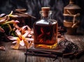 Aromatic homemade vanilla extract on wooden table, closeup. Space for text. Royalty Free Stock Photo