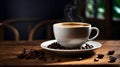 Aromatic hot coffee in a white cup with coffee beans placed around on wood table Royalty Free Stock Photo