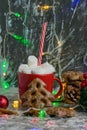 Aromatic hot winter cocoa drink with chewing marshmallows in a red cup with a straw, delicious gingerbread cookies Royalty Free Stock Photo