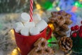 Aromatic hot winter cocoa drink with chewing marshmallows in a red cup with a straw, delicious gingerbread cookies, christmas Royalty Free Stock Photo