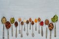 Aromatic Indian spices and herbs on metal spoons: star anise, fragrant pepper, cinnamon, nutmeg, bay leaves, paprika, clove