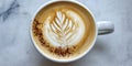 Aromatic Latte Coffee Drink with Cinnamon and Leaf Art in White Mug Royalty Free Stock Photo