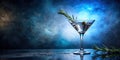 Aromatic martini cocktail with olive and rosemary garnish on dark reflective surface. Generative AI Royalty Free Stock Photo