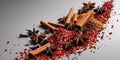 Aromatic medley featuring red pepper flakes and spices for culinary delights Royalty Free Stock Photo