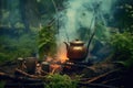 aromatic mint tea steam rising over a warm campfire