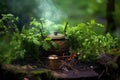 aromatic mint tea steam rising over a warm campfire