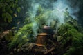 aromatic mint tea steam rising over a warm campfire