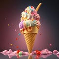 Aromatic multicolored ice cream in a cone on the table close-up